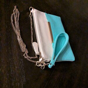 Teal & White Colorblock Clutch Purse with Chain Strap and Wristlet